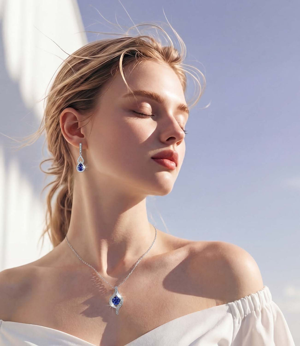 Blue Jewelry Set for Women, Silver Sapphire Necklace and Earring Set with Blue Cubic Zirconia, Dangle Drop Earrings & Pendant Birthday Gifts for Women