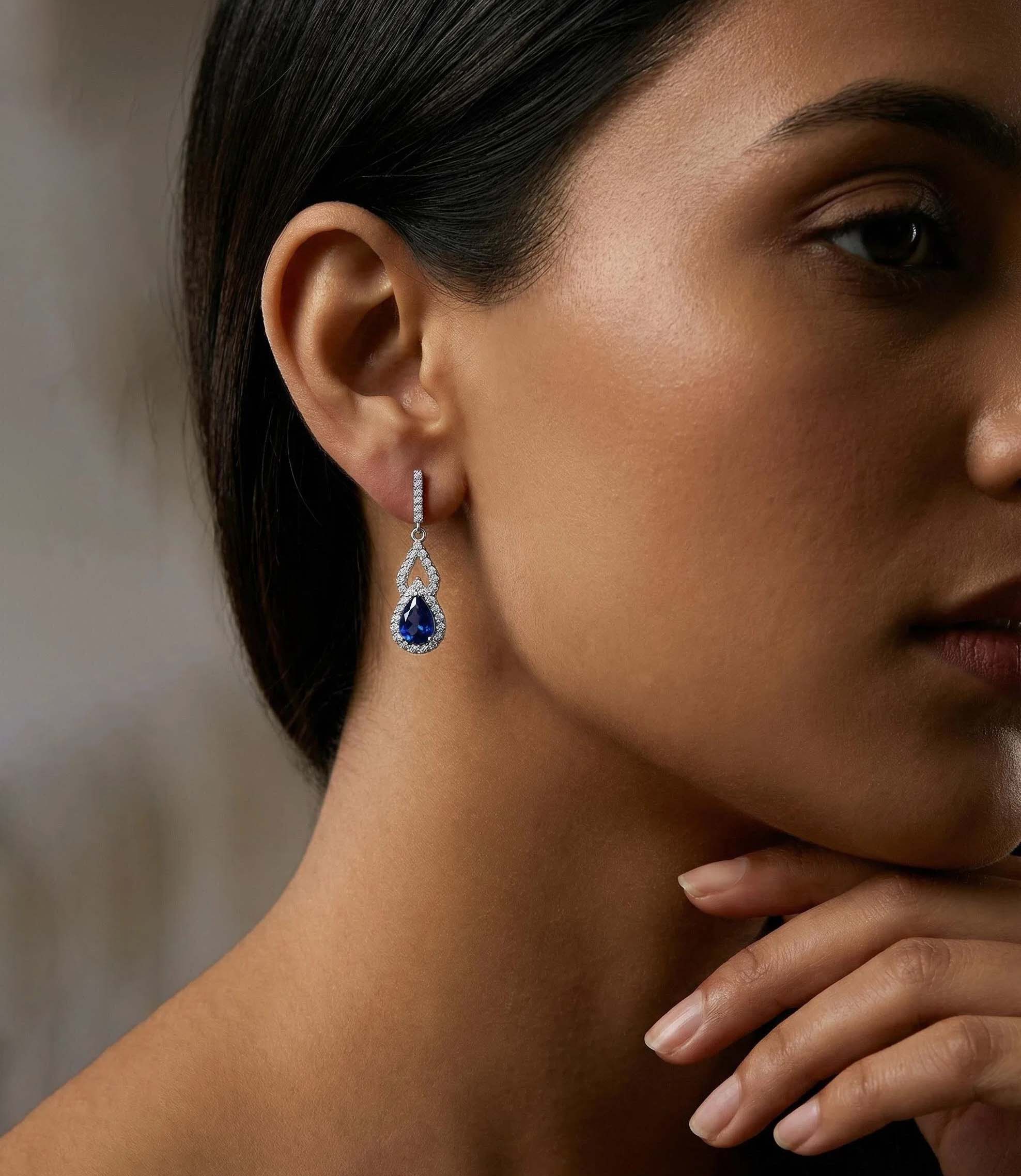 nejoir Dangle Earrings for Women, Silver Pear Cut CZ Birthstone Drop Earrings, Dainty Blue Earrings Sapphire Jewelry Gifts for Women