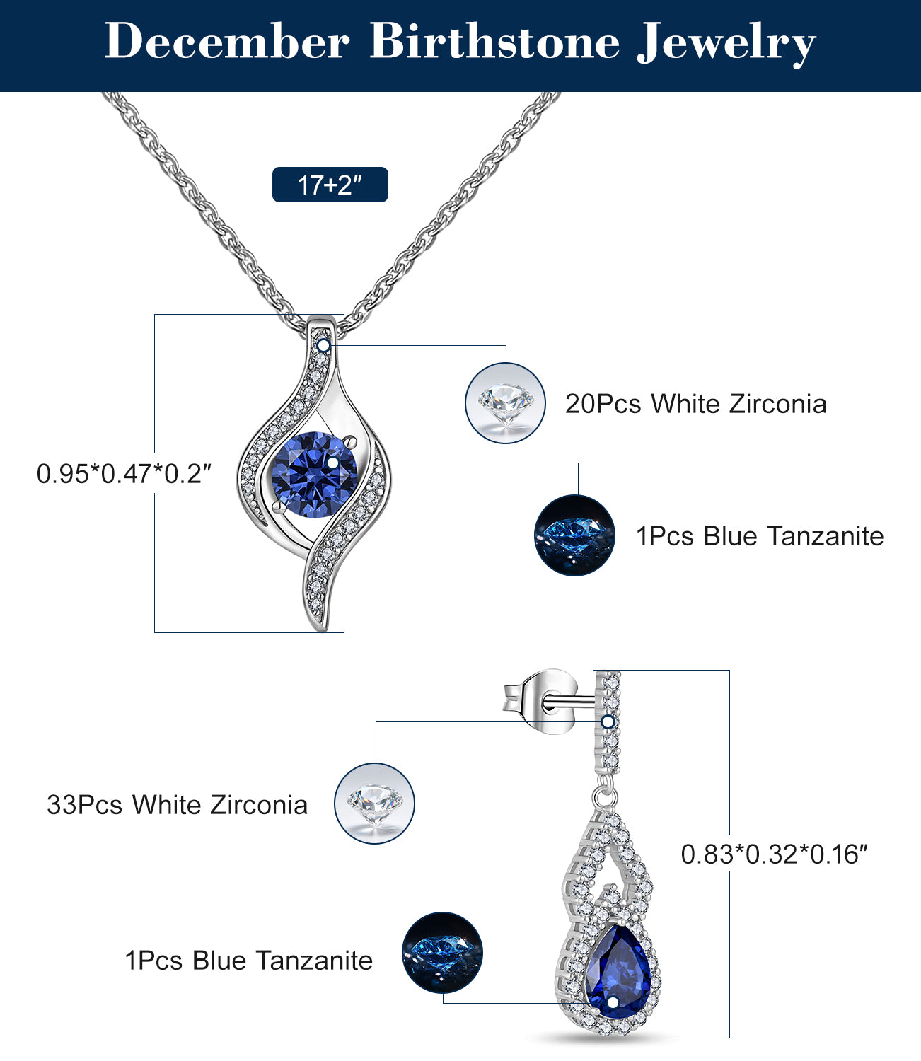 Blue Jewelry Set for Women, Silver Sapphire Necklace and Earring Set with Blue Cubic Zirconia, Dangle Drop Earrings & Pendant Birthday Gifts for Women