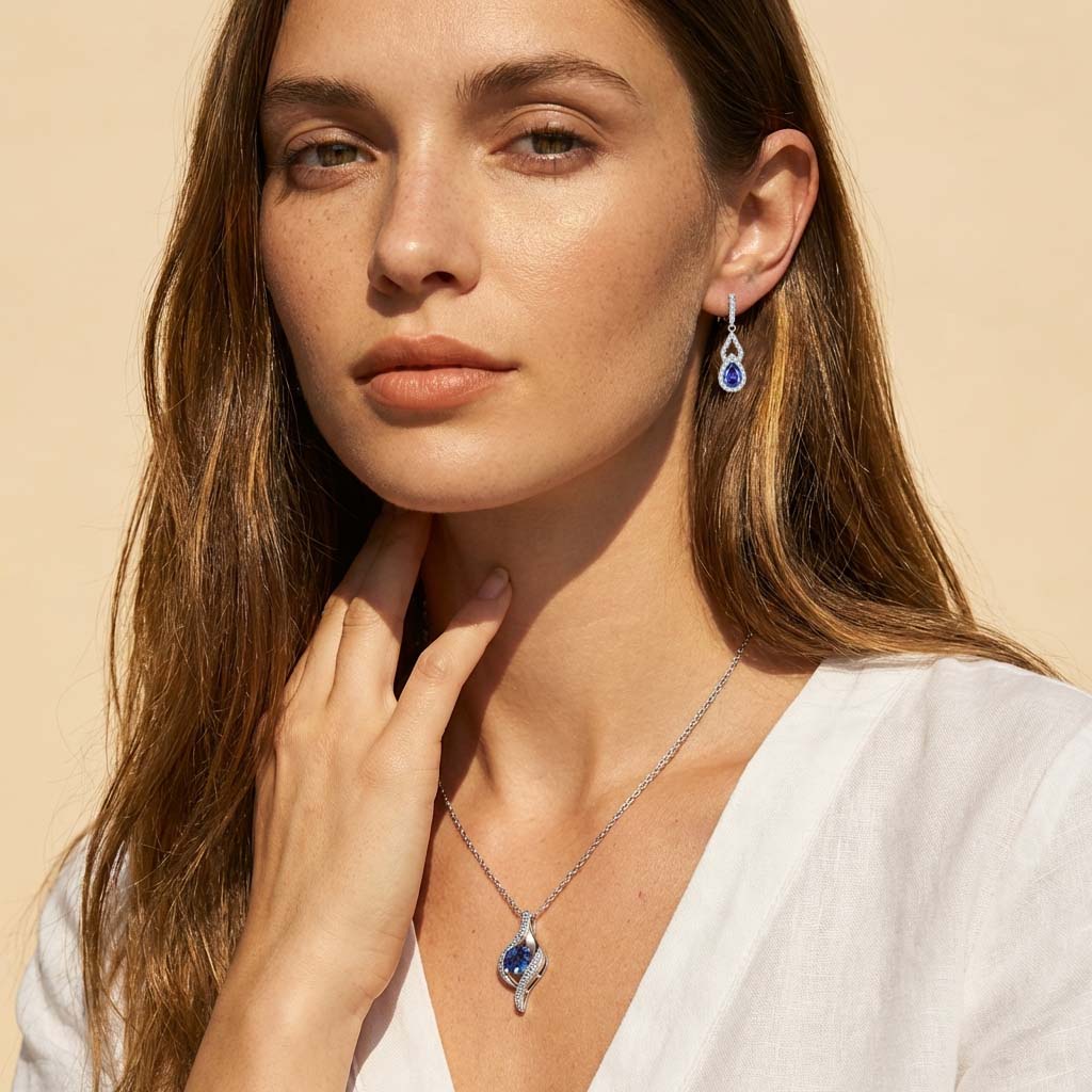Blue Jewelry Set for Women, Silver Sapphire Necklace and Earring Set with Blue Cubic Zirconia, Dangle Drop Earrings & Pendant Birthday Gifts for Women