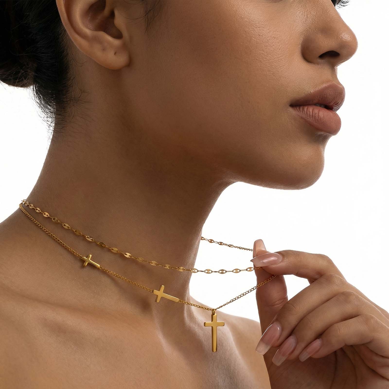 Cross Necklace for Women, 18K Gold Plated Layered Necklaces for Women, Simple Trendy Cross Pendant Religious Faith Gifts for Christians