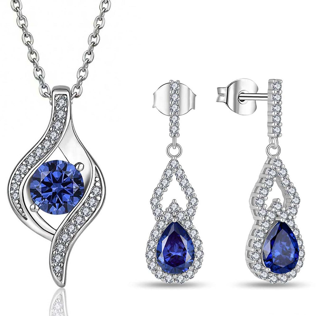Blue Jewelry Set for Women, Silver Sapphire Necklace and Earring Set with Blue Cubic Zirconia, Dangle Drop Earrings & Pendant Birthday Gifts for Women